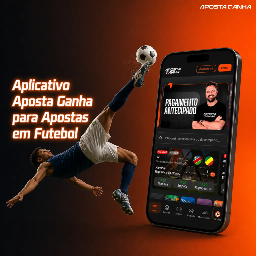 Aplicativo Aposta Ganha para apostas em futebol, com mercados ao vivo, cash-out e notificações push no Android e iOS.