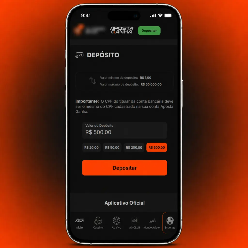Passo a passo para depositar via Pix no aplicativo Aposta Ganha, com opção de seleção de valor mínimo de BRL 20.