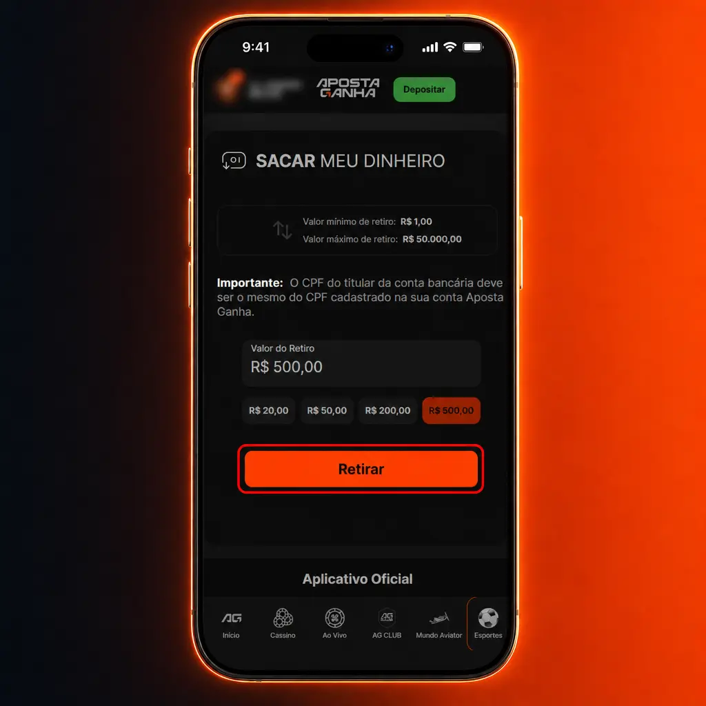 Tela do aplicativo mostrando o passo a passo para sacar fundos via Pix, AstroPay ou criptomoeda com valor mínimo de BRL 50.