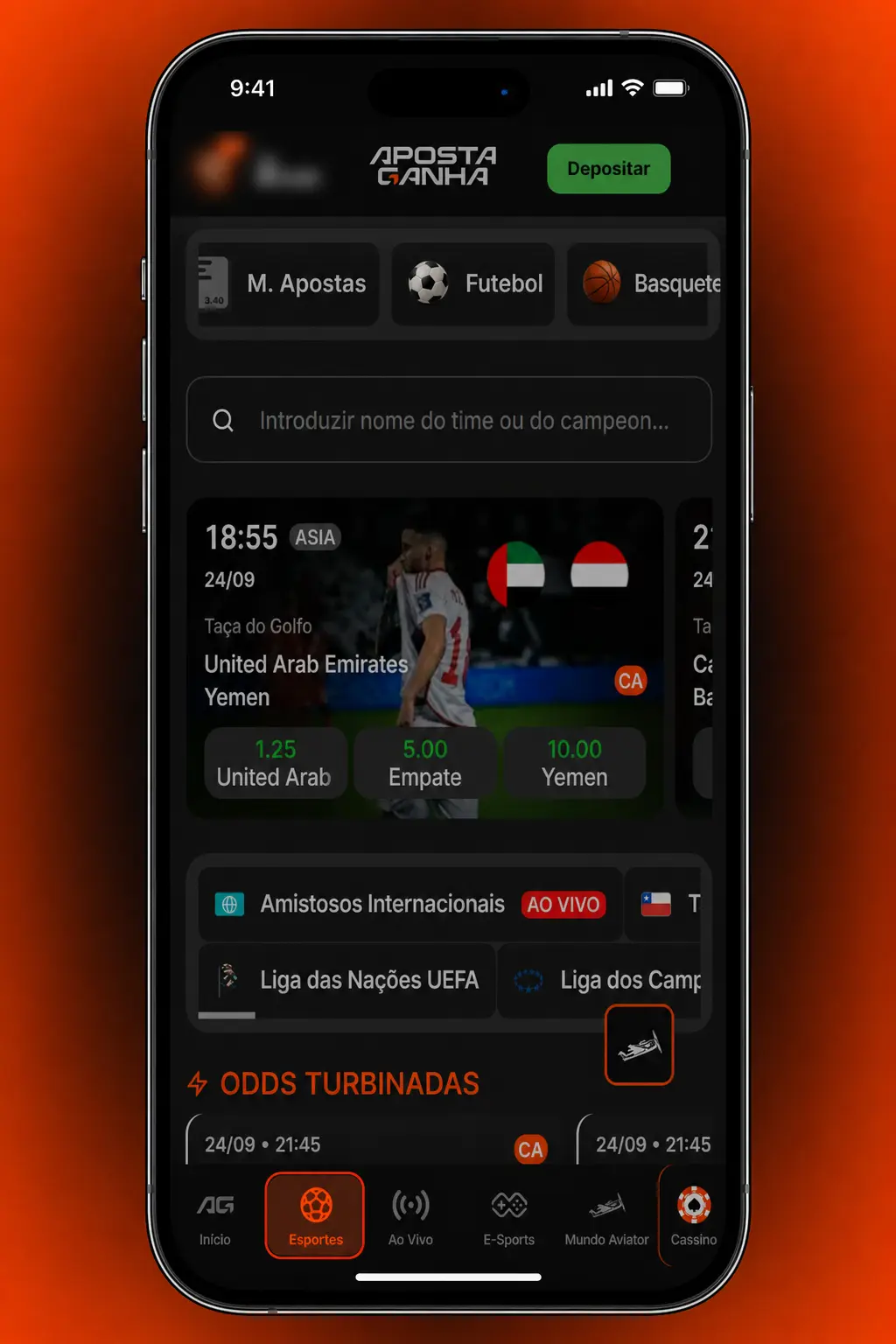 Tela do aplicativo Aposta Ganha mostrando mercados de apostas em Fórmula 1 e odds ao vivo por volta.