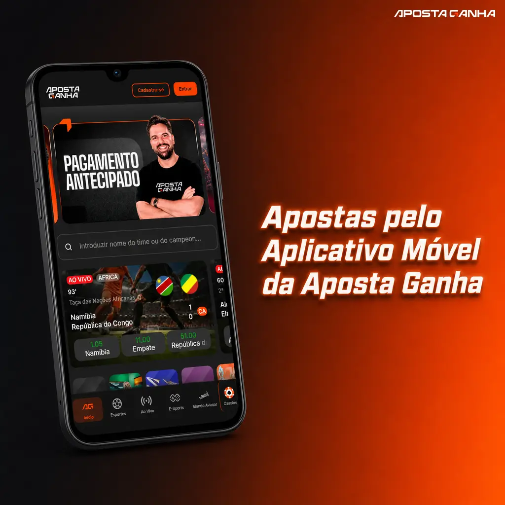 Aplicativo móvel da Aposta Ganha exibindo apostas ao vivo e boletim otimizado para telas sensíveis ao toque