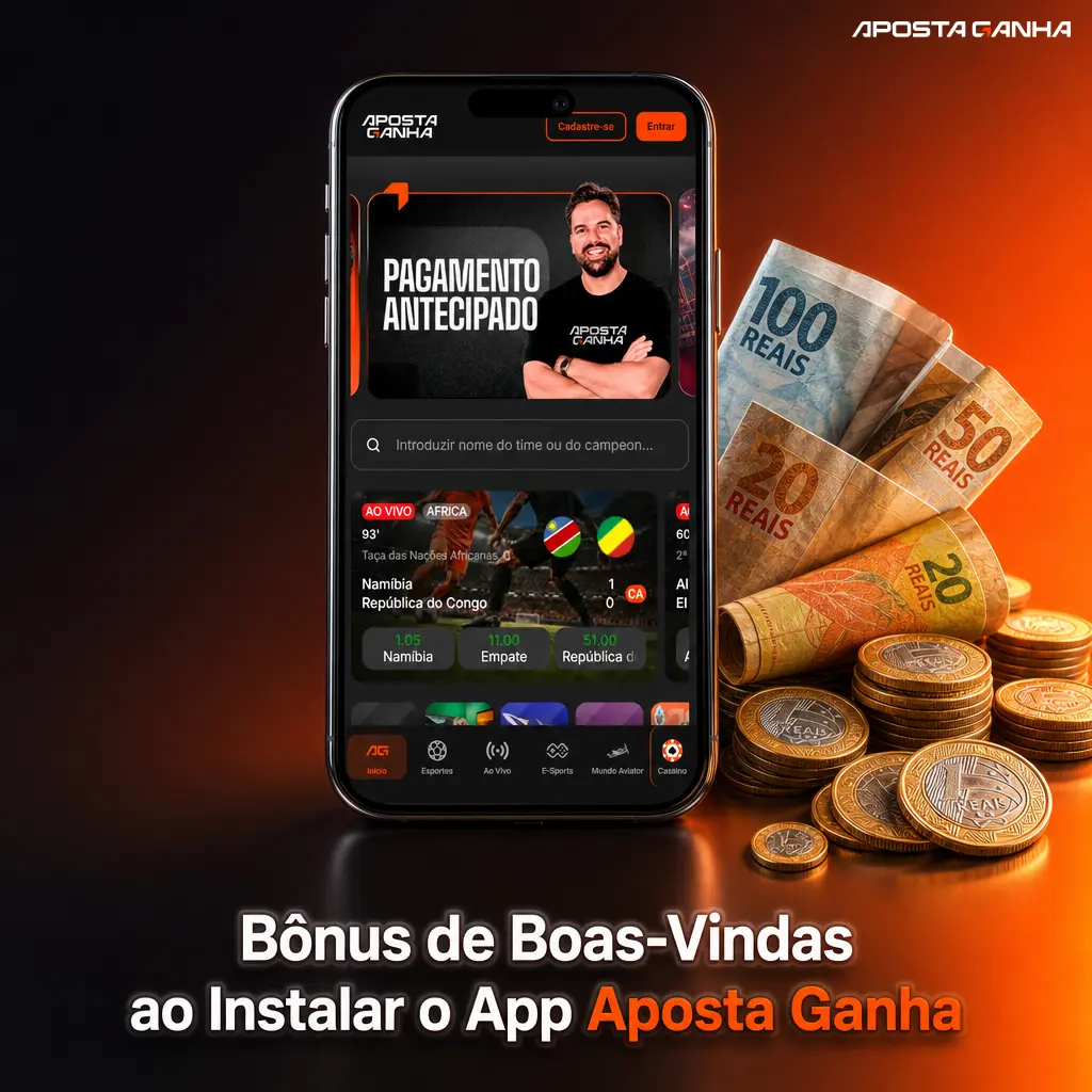Bônus de boas-vindas do app Aposta Ganha: 100% até 200 BRL no primeiro depósito para apostas esportivas.