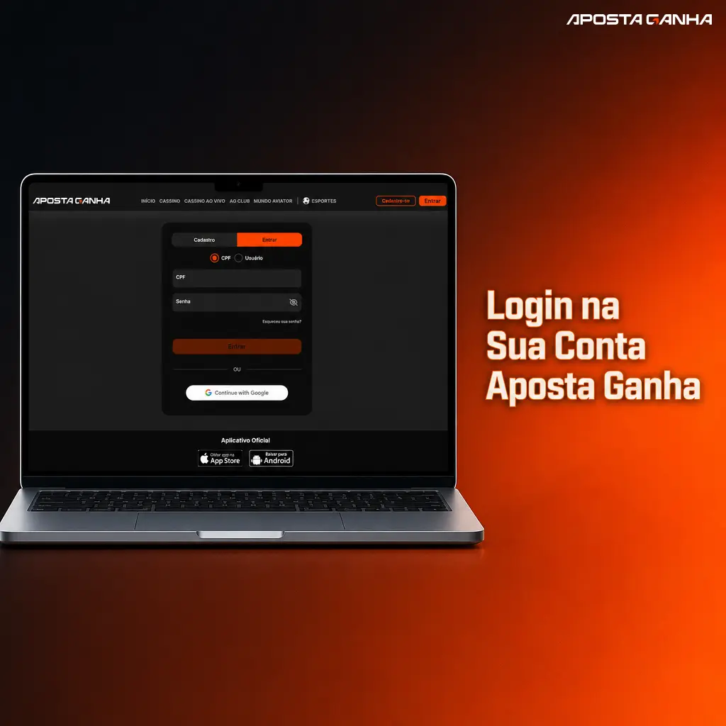 Tela de login da Aposta Ganha com campos para e-mail ou telefone e senha, em computador, celular ou aplicativo.