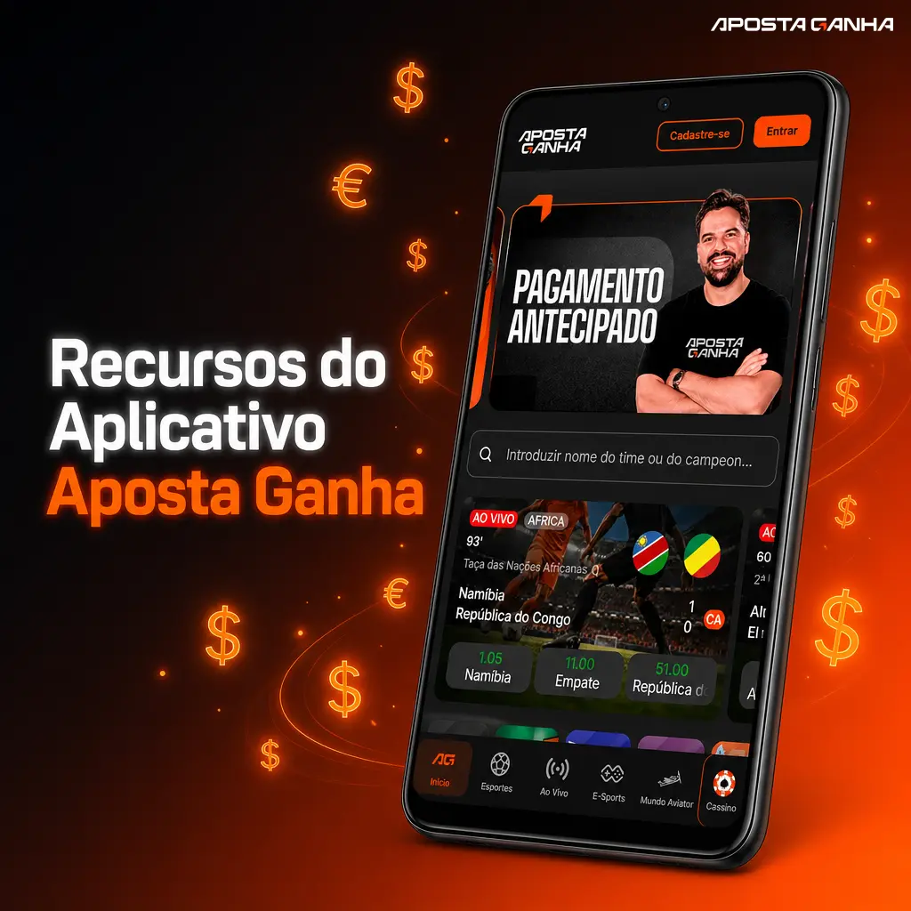Tela do aplicativo Aposta Ganha mostrando apostas esportivas, cassino ao vivo, PIX e notificações em um só app.