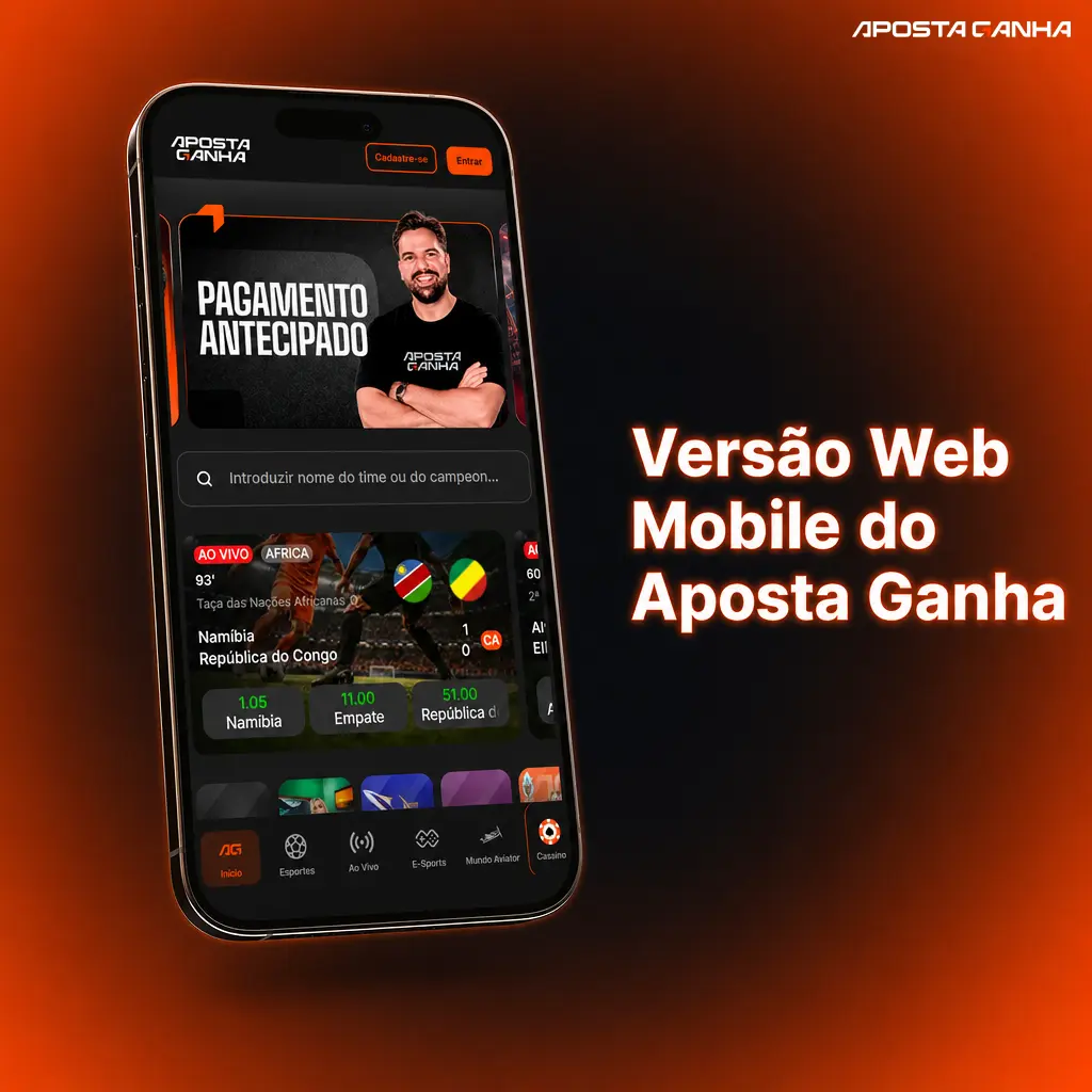 Versão web mobile do Aposta Ganha acessada pelo navegador, com layout adaptável para apostas, cassino e carteira
